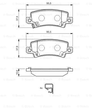 Bosch BP931 brake pad technical diagram with dimensions 95.5x37.9x15.6mm